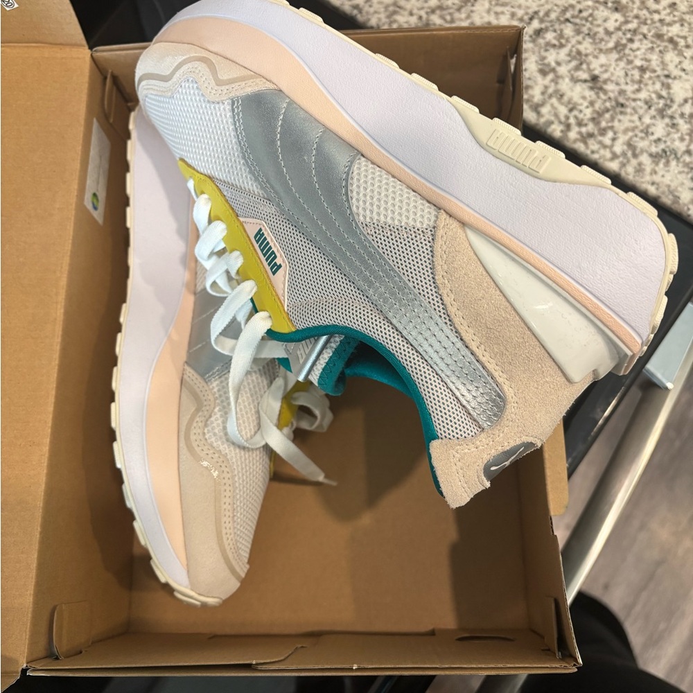 Puma Women's Retro Runner Sneakers in White, Beige & Teal Accent
